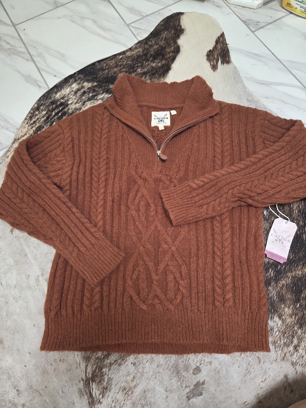 Women's Cotton & Rye Cable-Knit Half-Zip Sweater in Rust